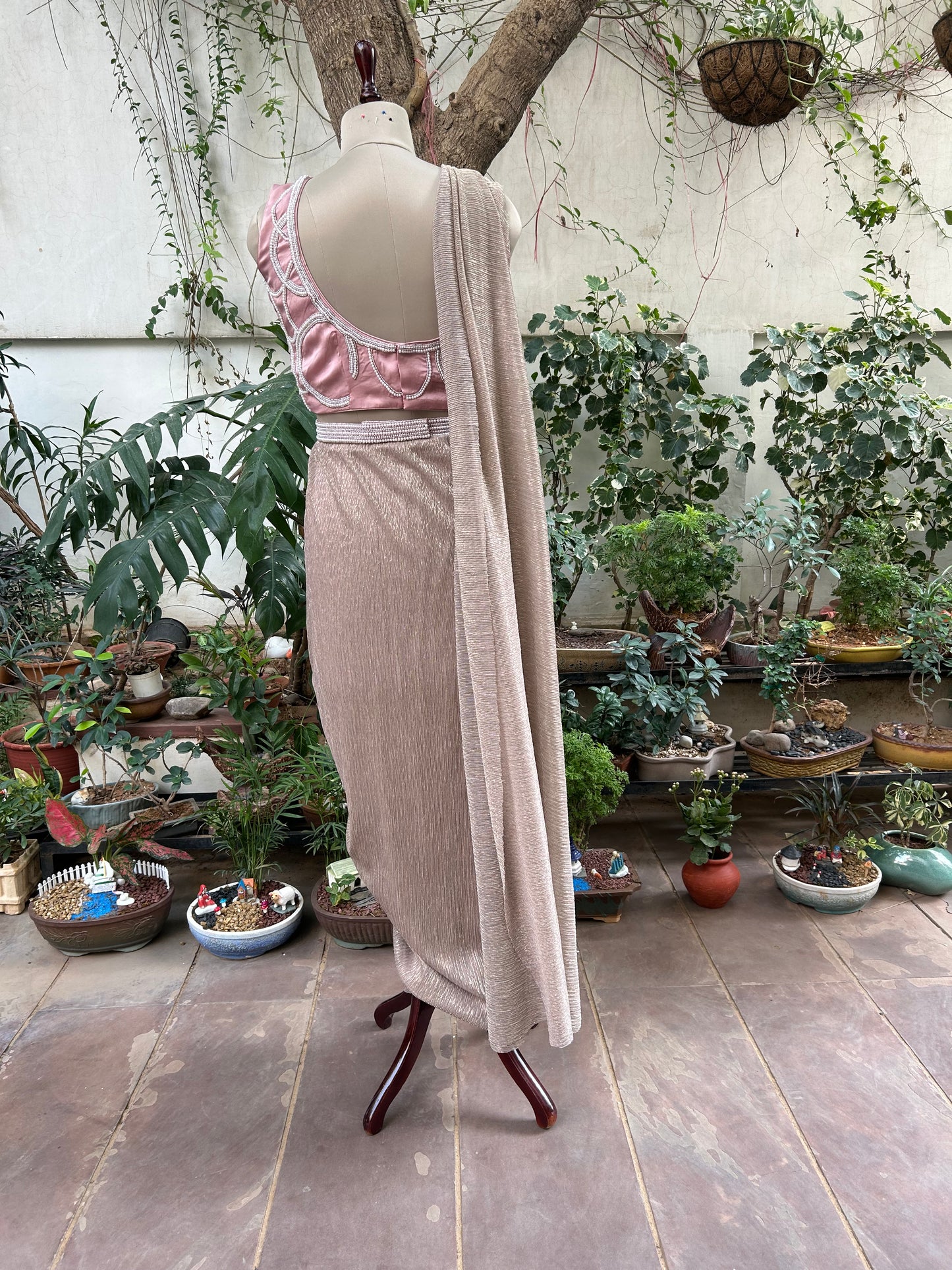 Rosegold Pearl Drape Sari