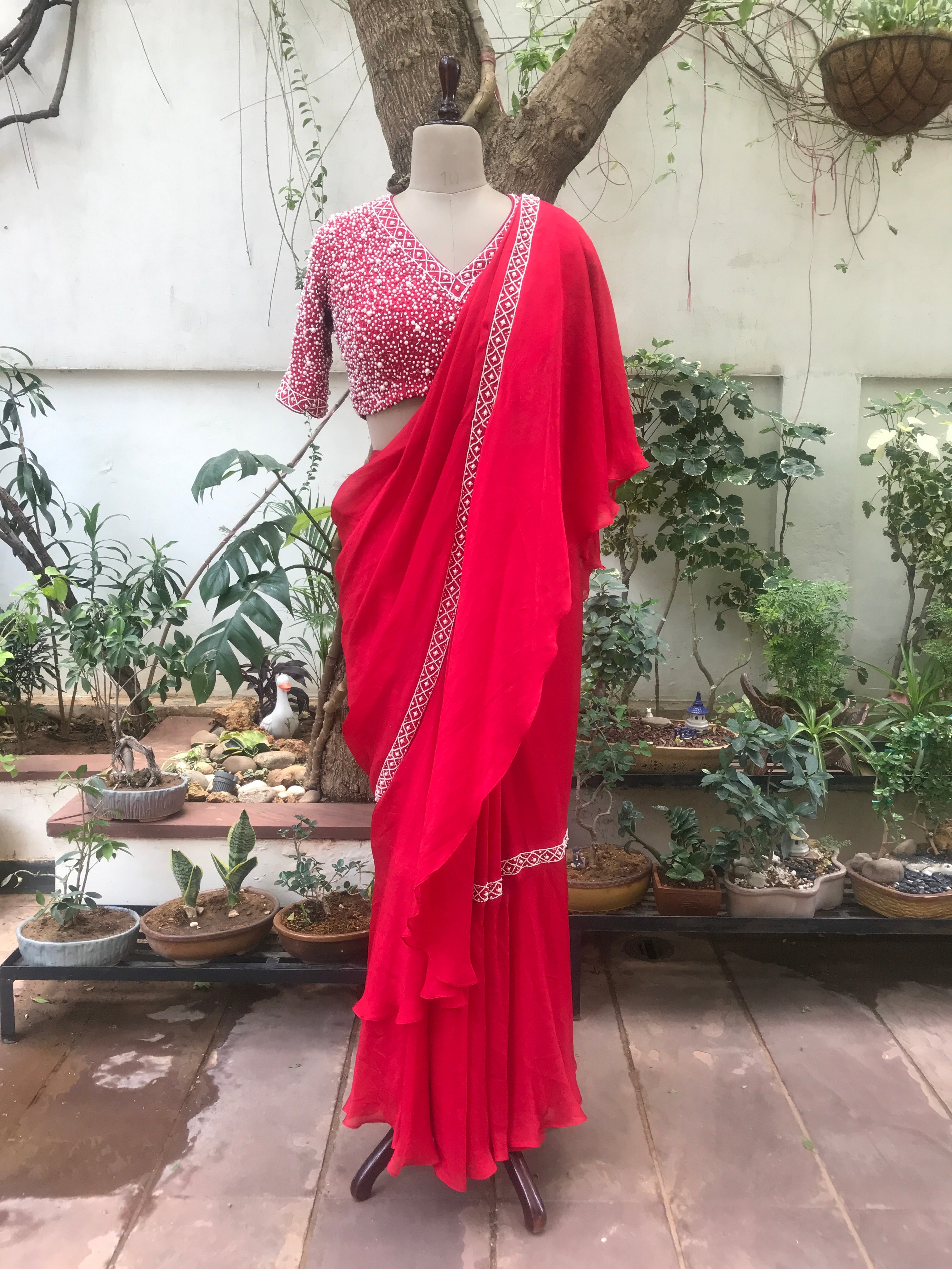 Ruffle Saree with Pearl Embellishments