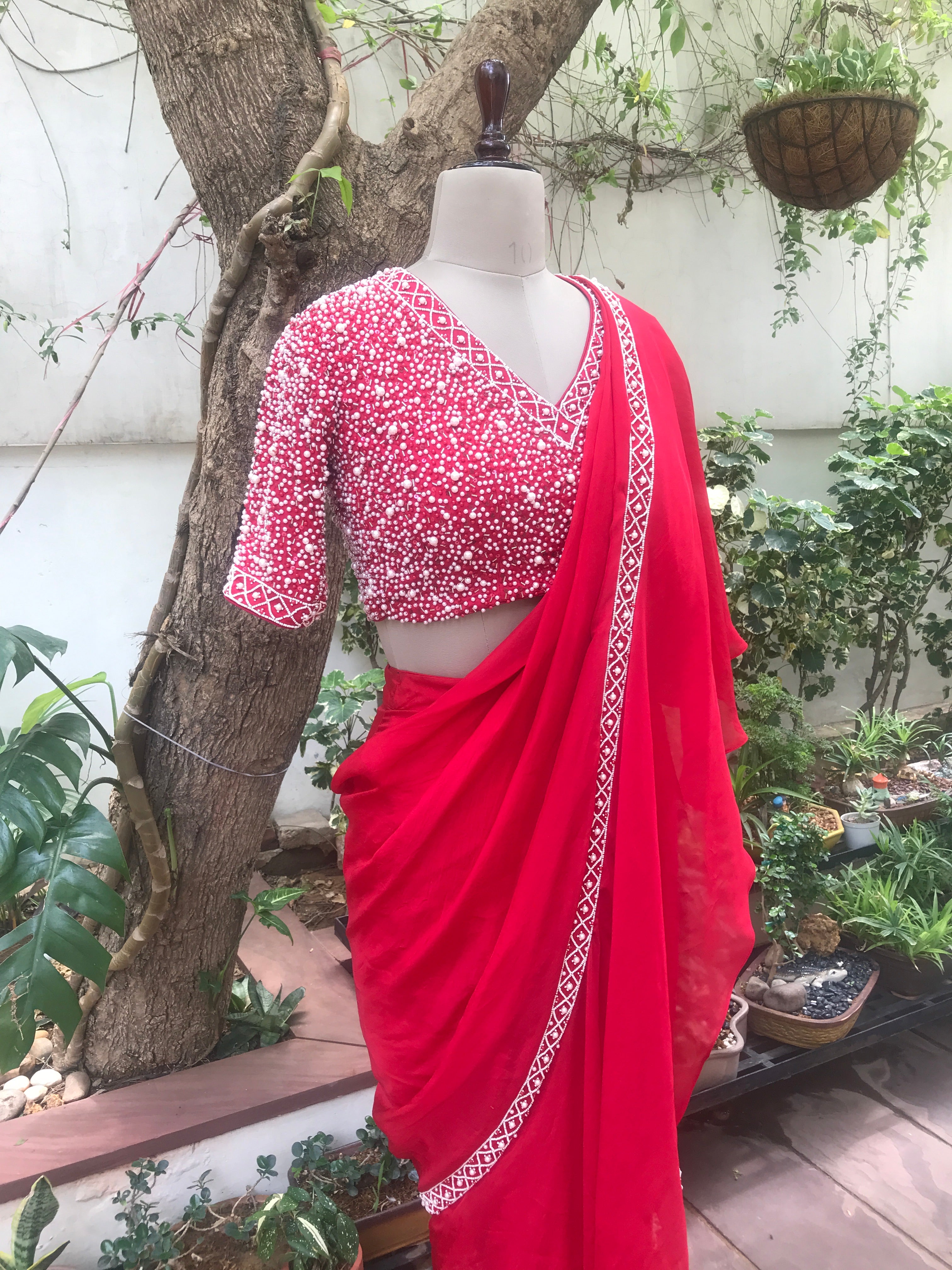 Ruffle Saree with Pearl Embellishments