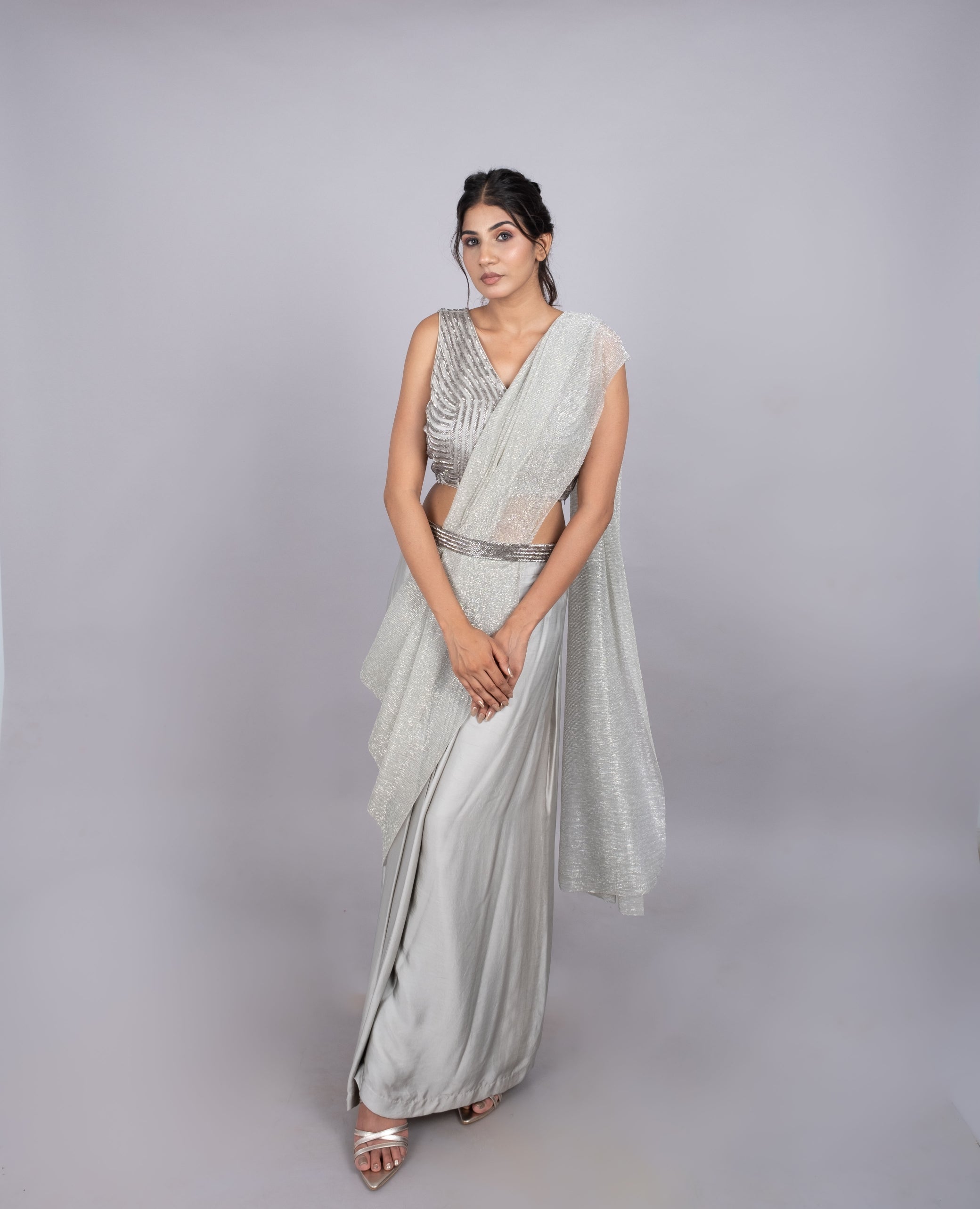 Silver pre-stitched saree