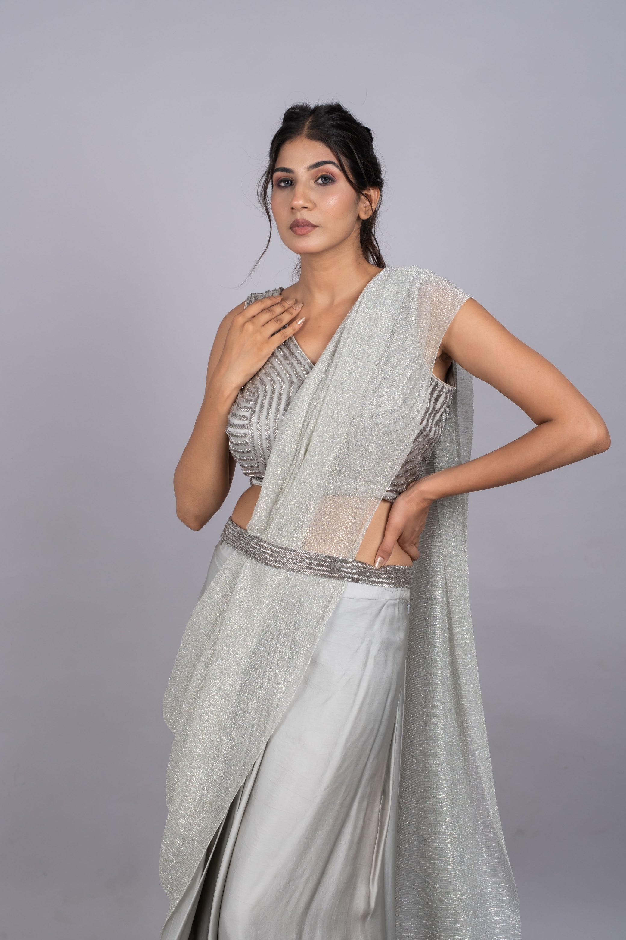 Silver pre-stitched saree