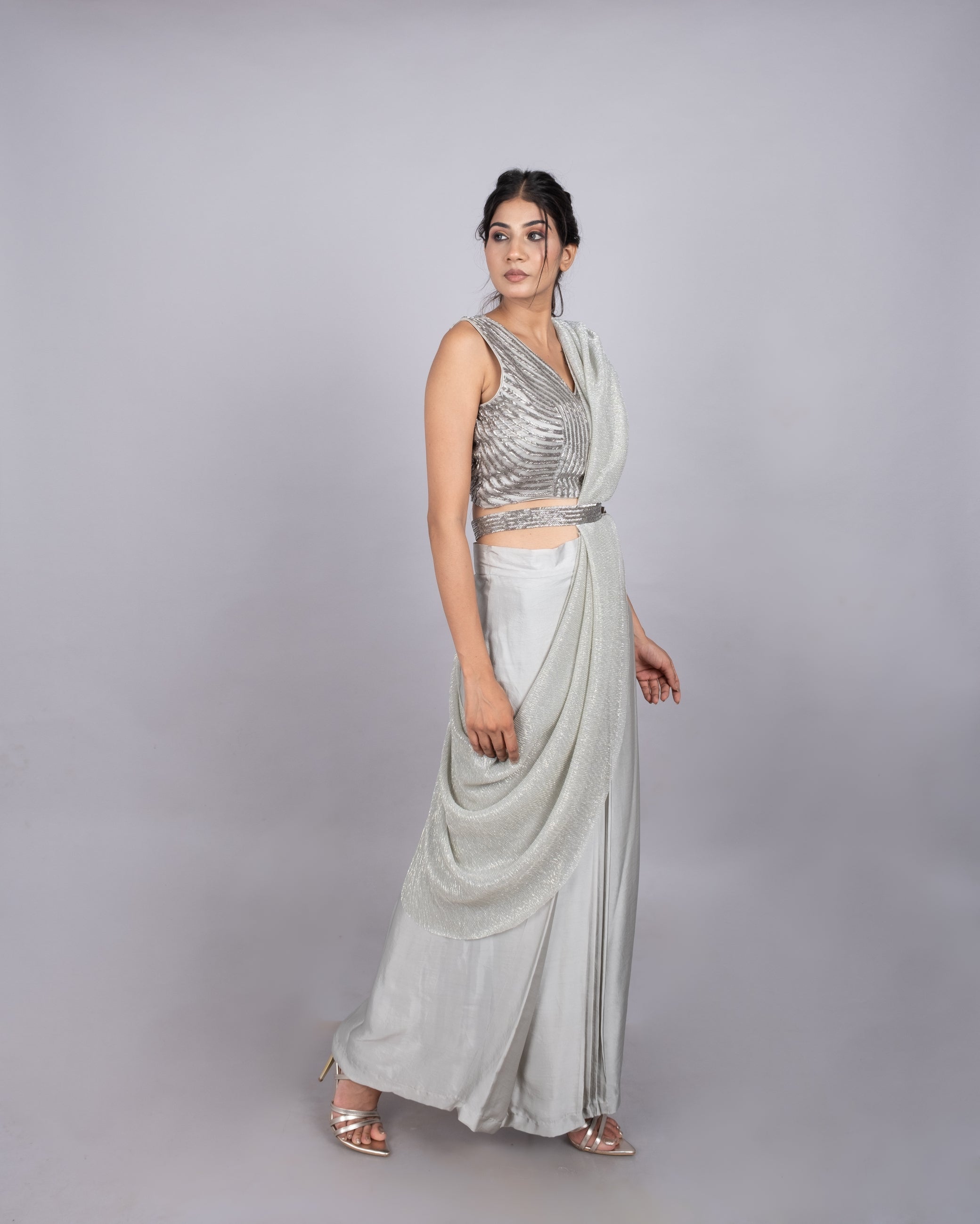 Silver pre-stitched saree