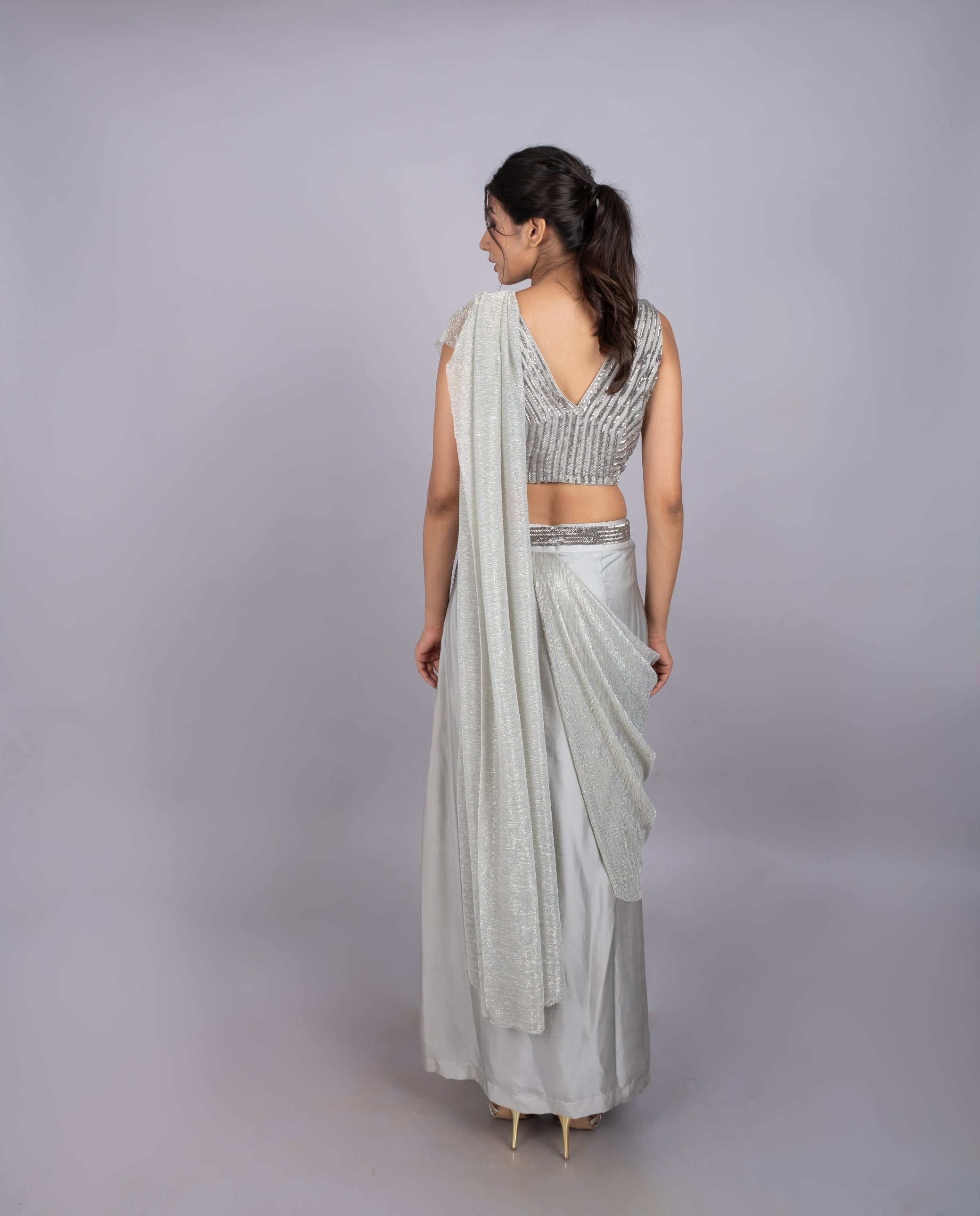 Silver pre-stitched saree