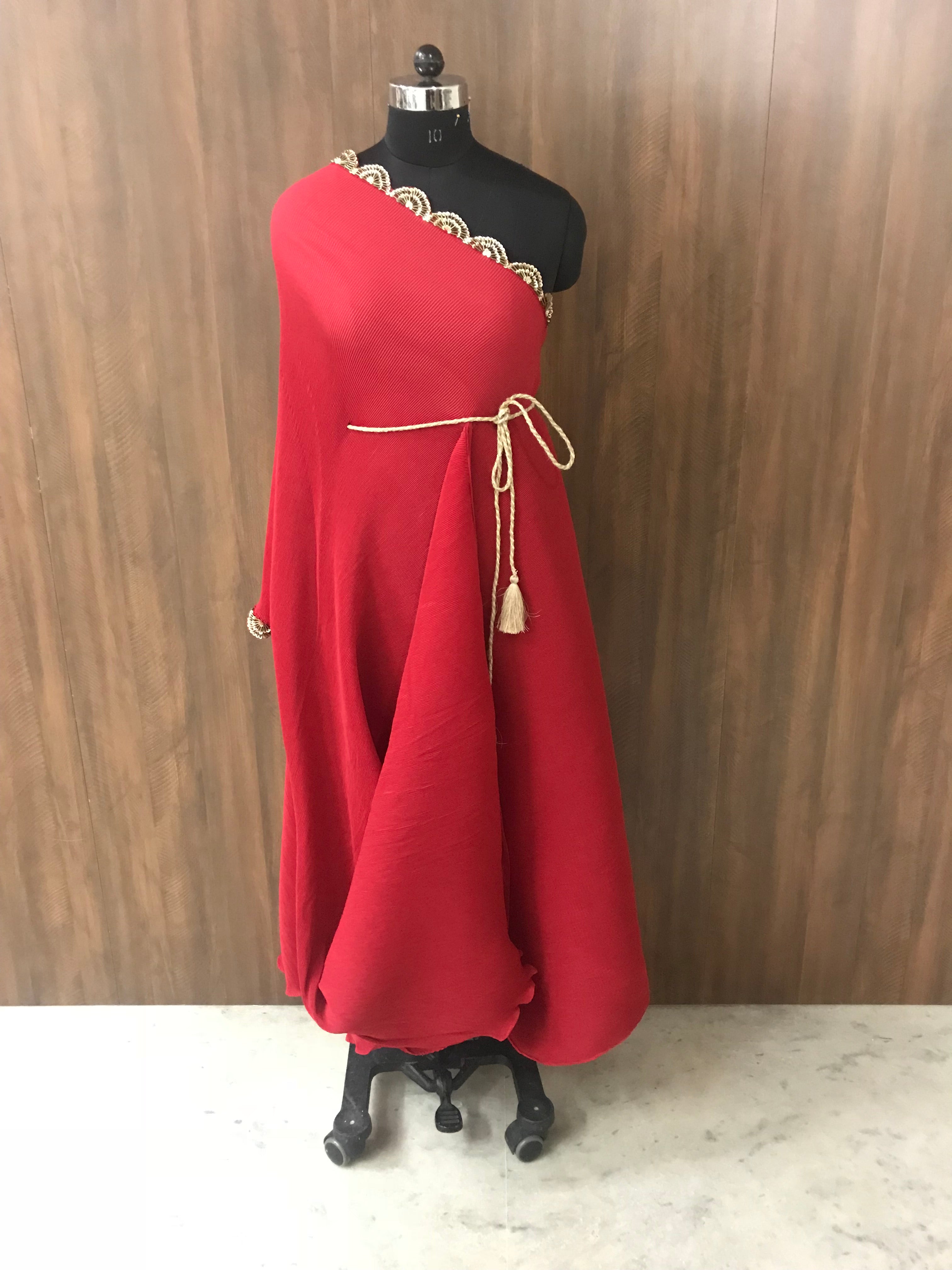 One shoulder Pleated gown with belt