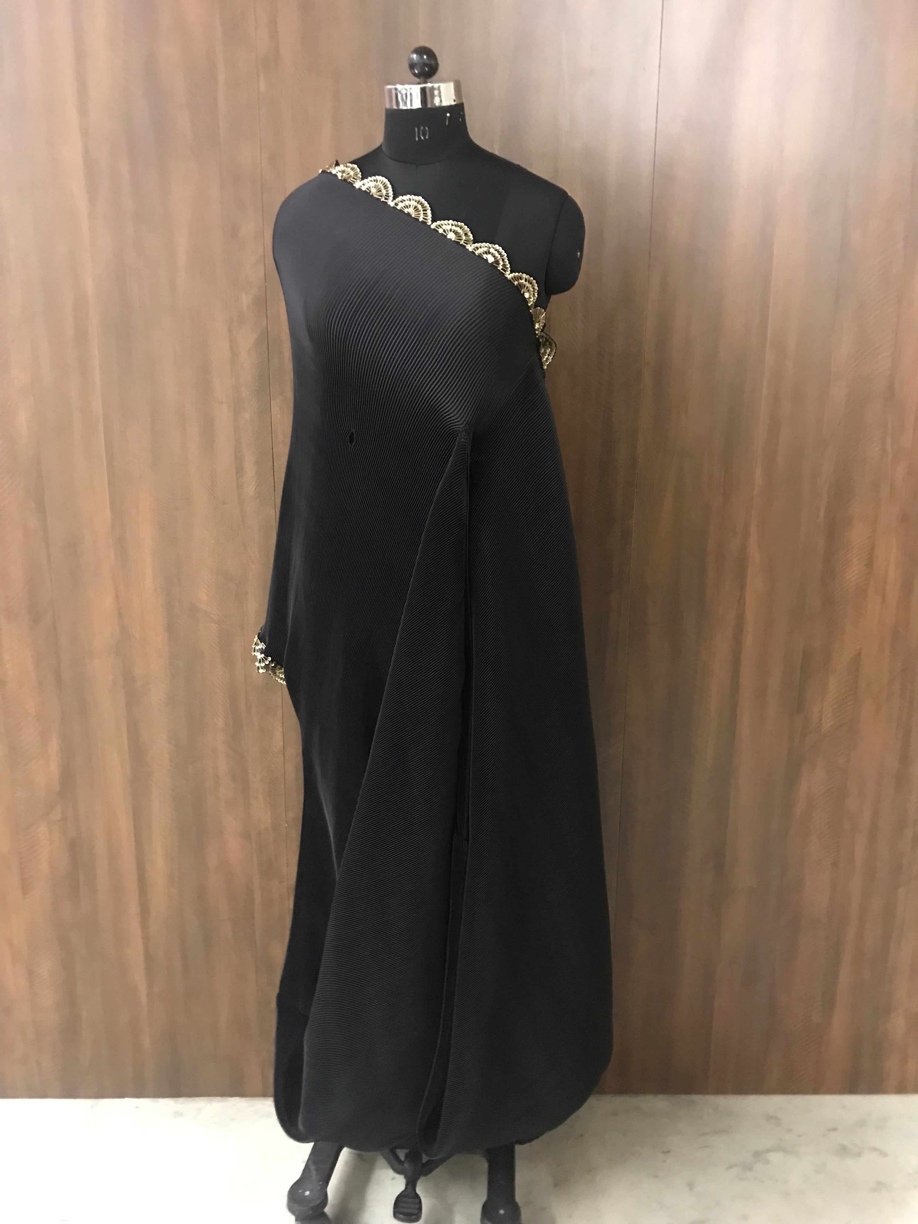 One shoulder Pleated gown with belt