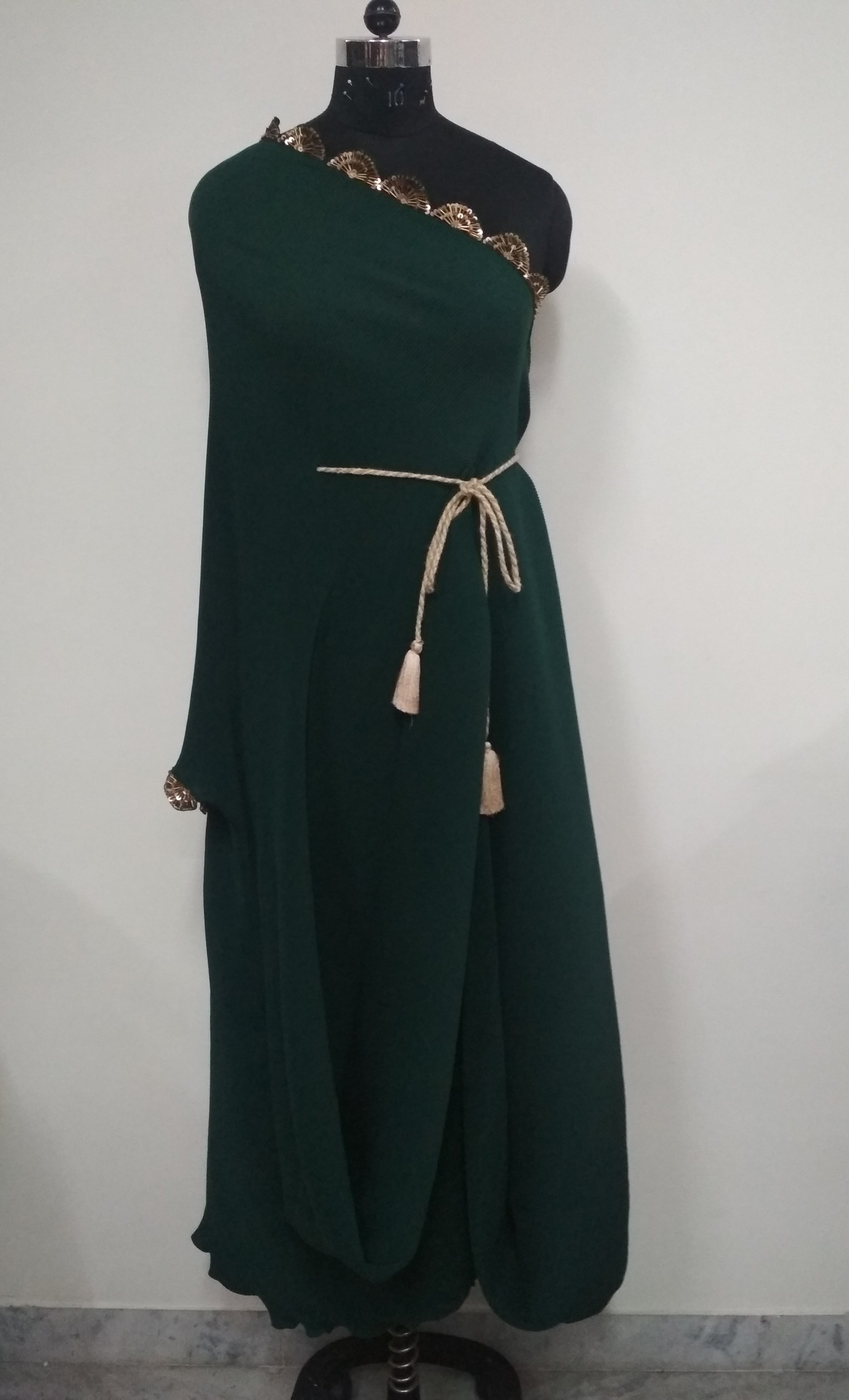 One shoulder Pleated gown with belt