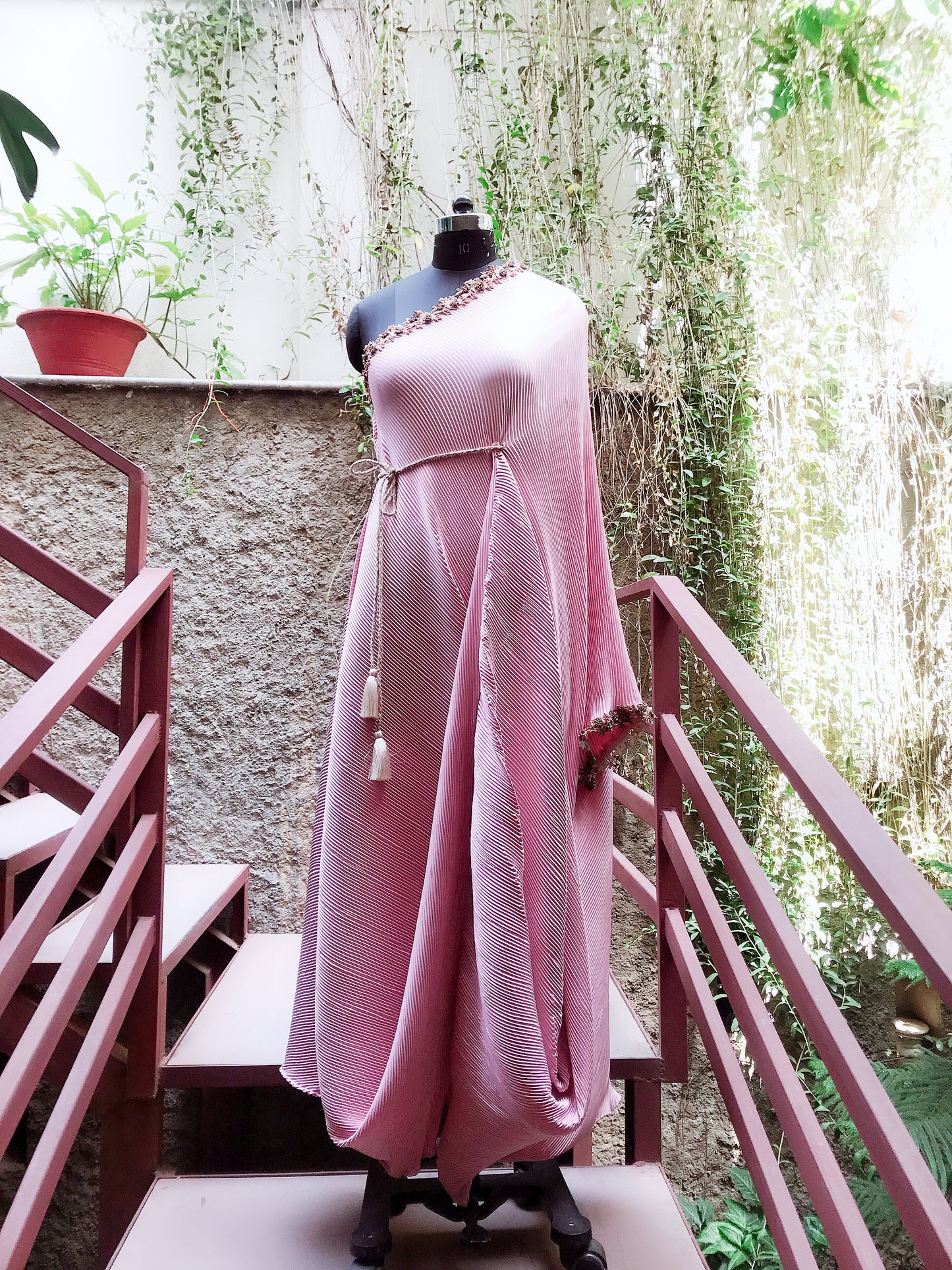 One shoulder Pleated gown with belt