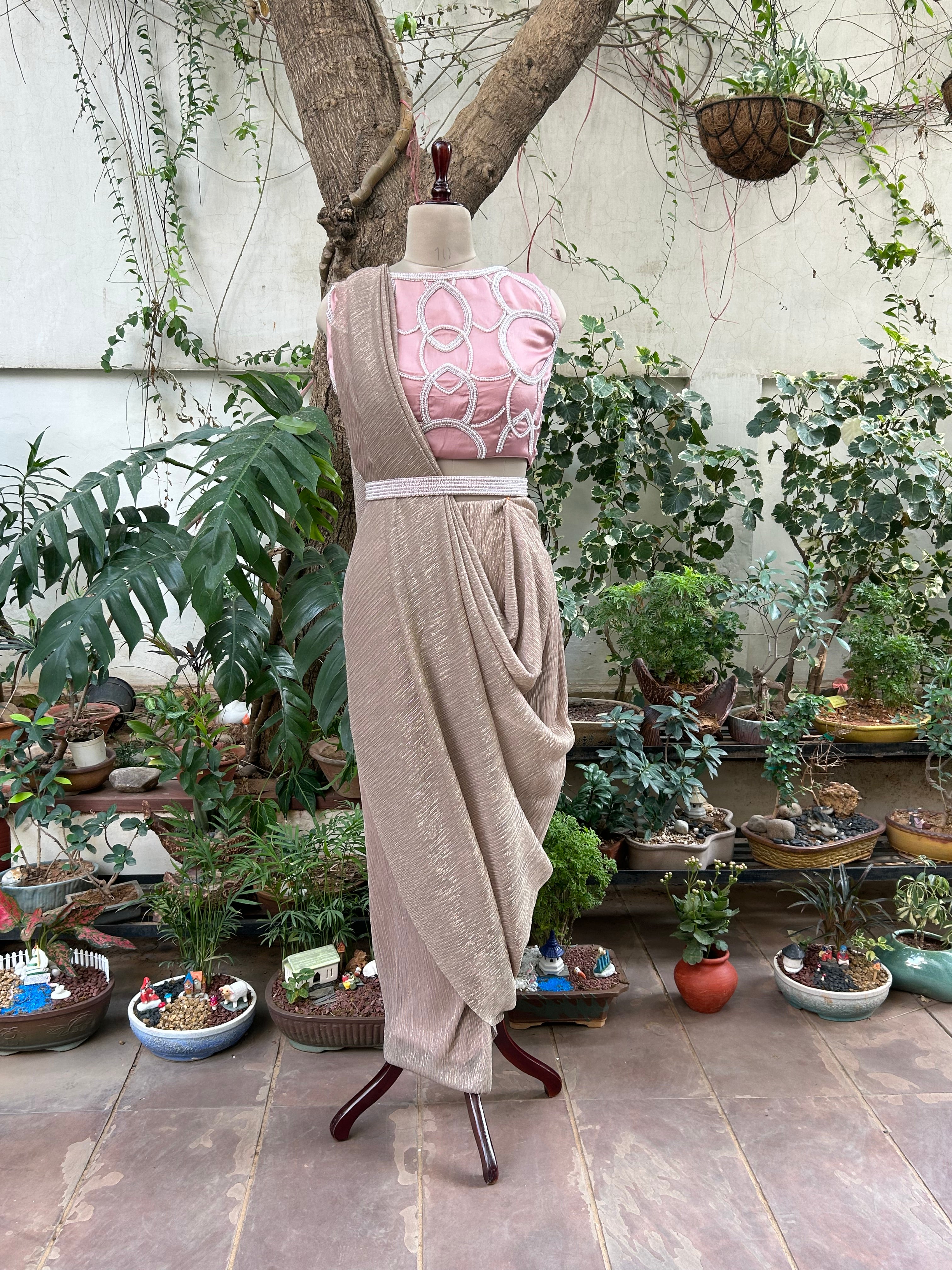 Rosegold Pearl Drape Sari