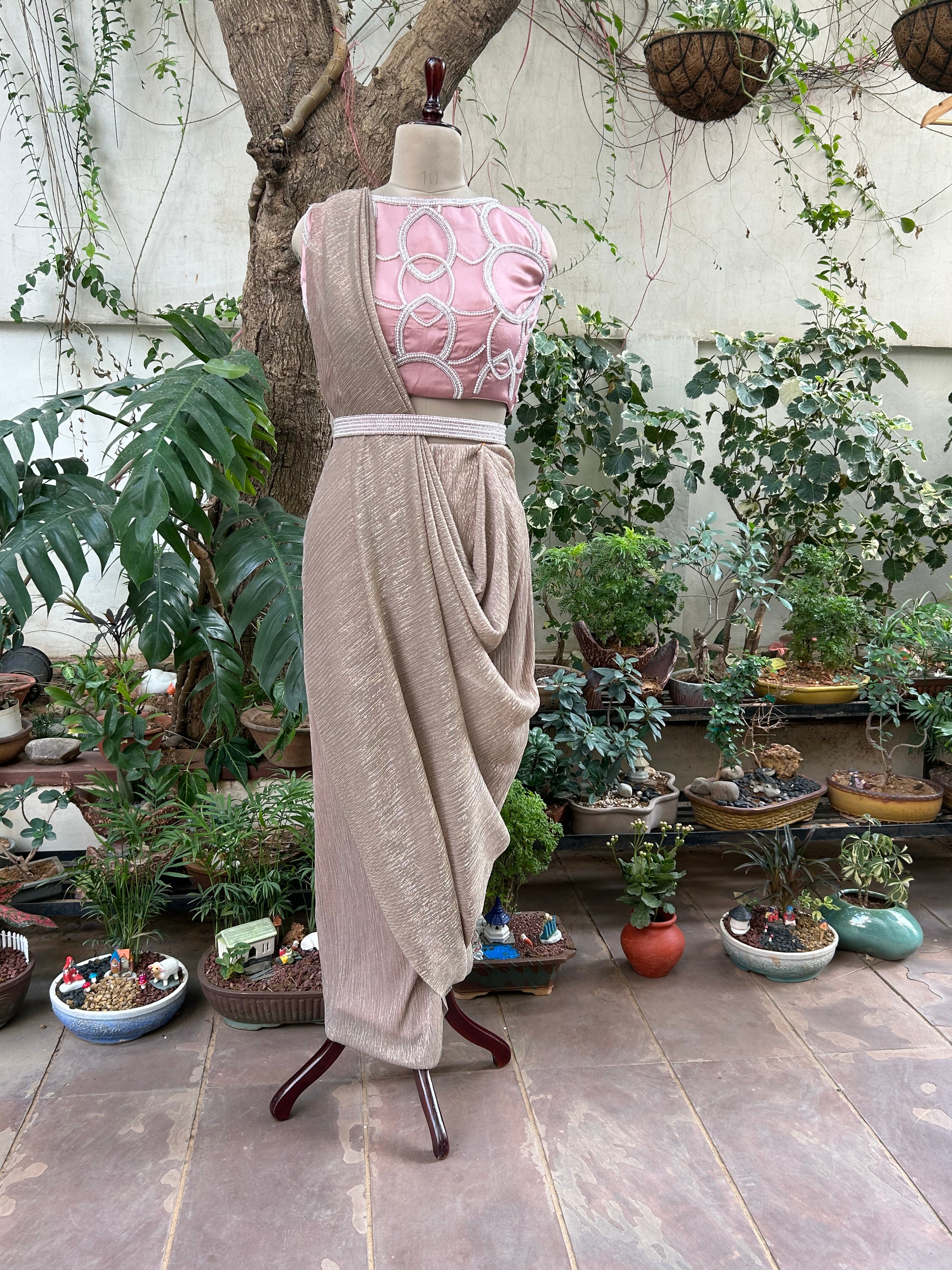 Rosegold Pearl Drape Sari