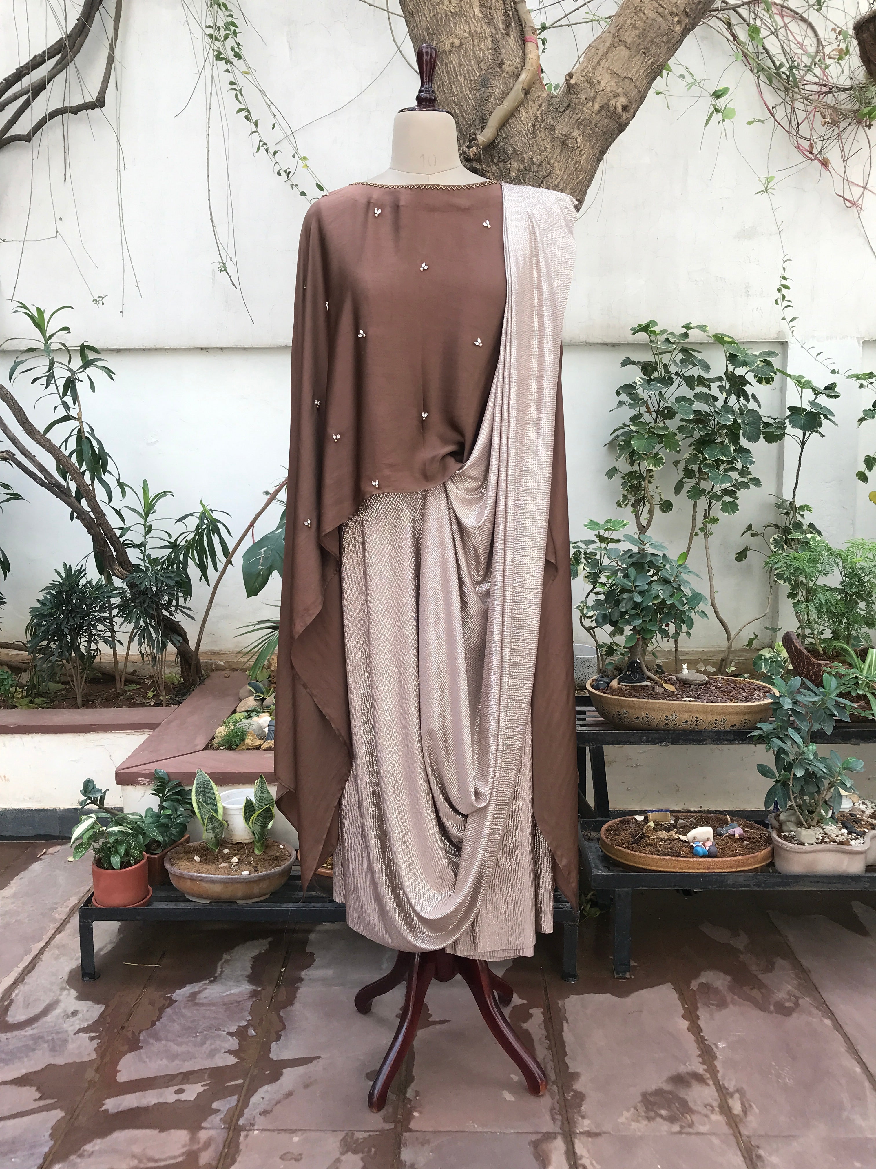 Pre-draped Saree with hand embellished cape