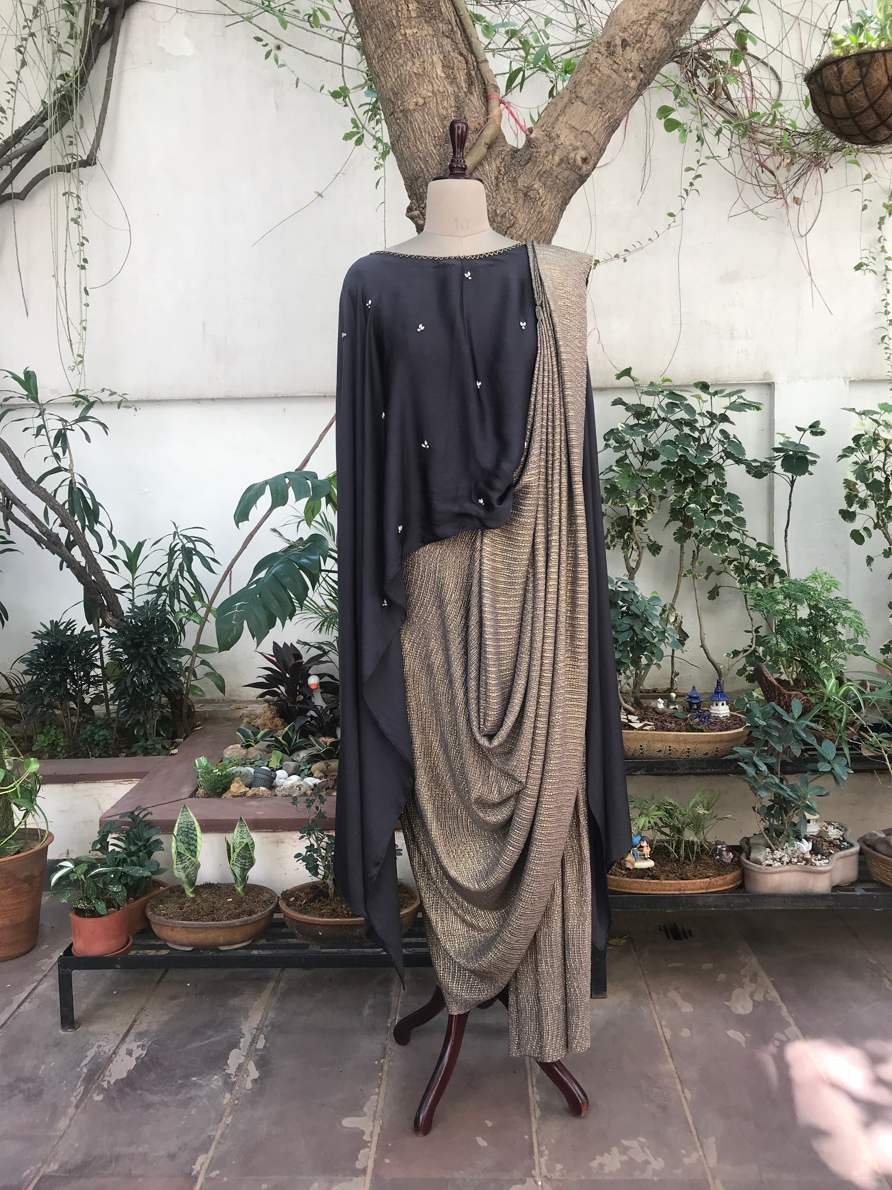 Pre-draped Saree with hand embellished cape