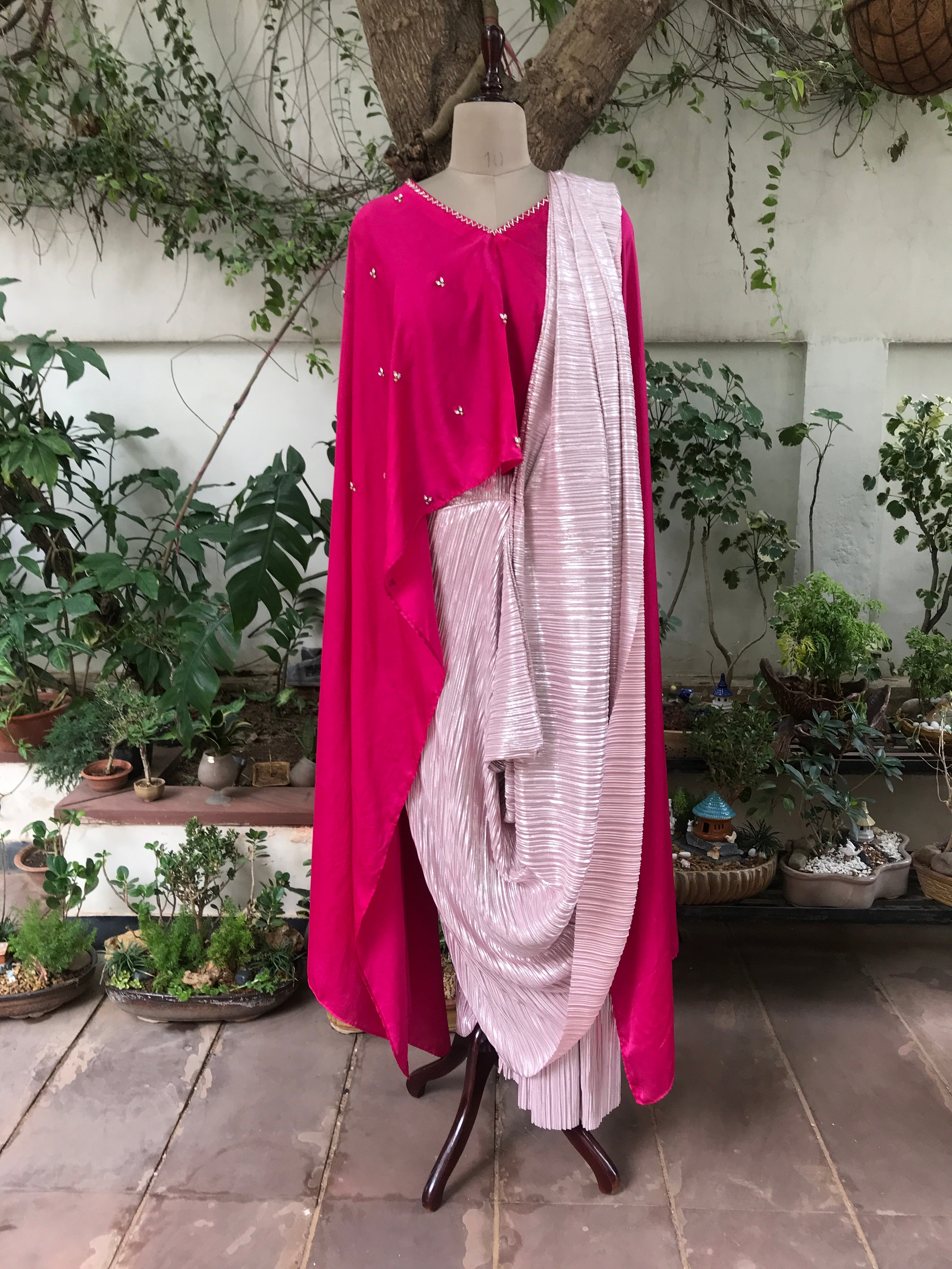 Pre-draped Saree with hand embellished cape