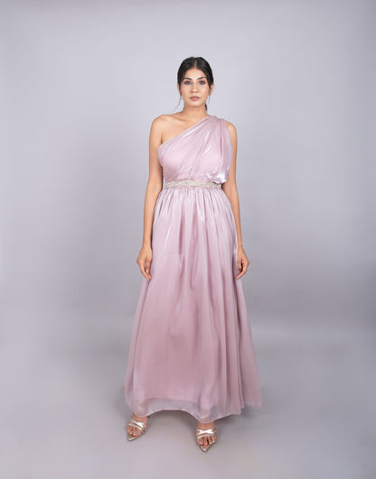 One shoulder gown in soft pink.
