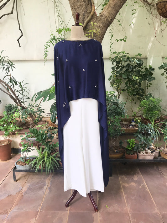 Hand Embellished Cape in Mid-night Blue