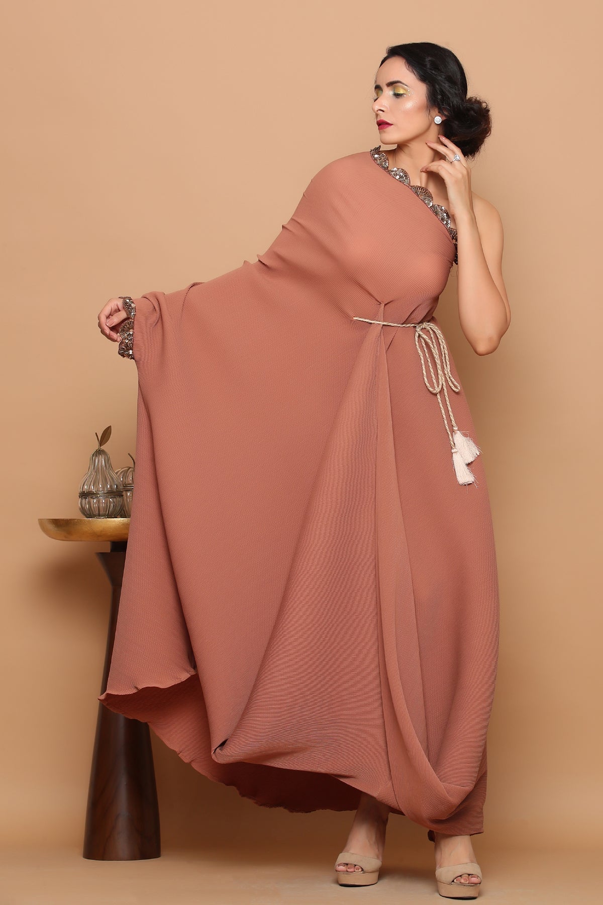 One shoulder Pleated gown with belt