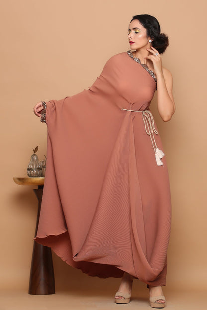 One shoulder Pleated gown with belt