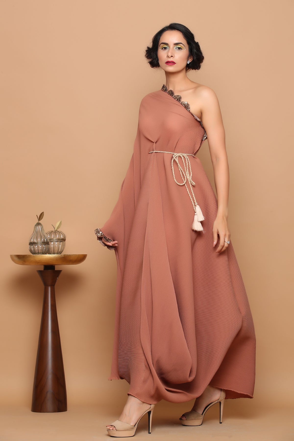 One shoulder Pleated gown with belt