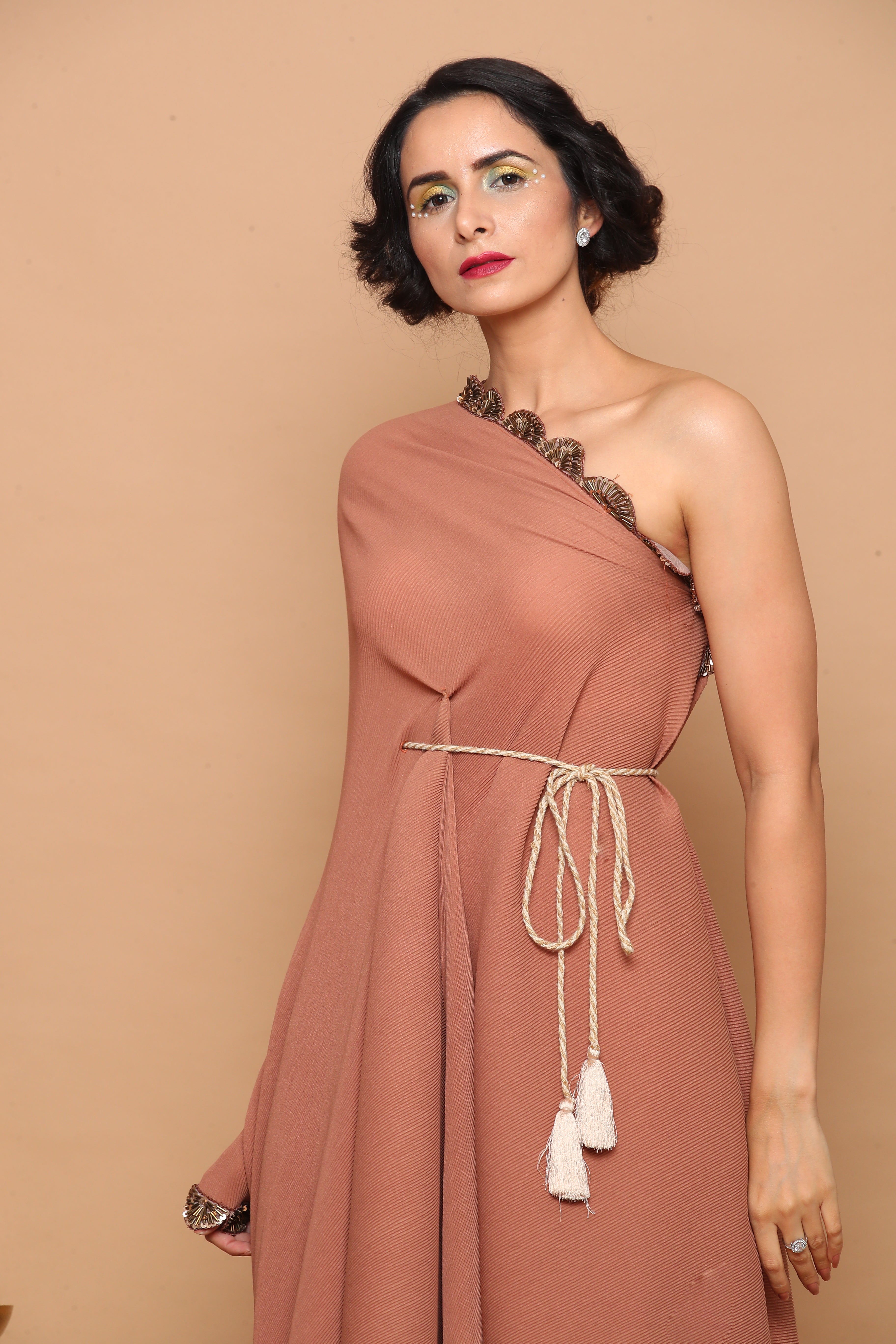 One shoulder Pleated gown with belt