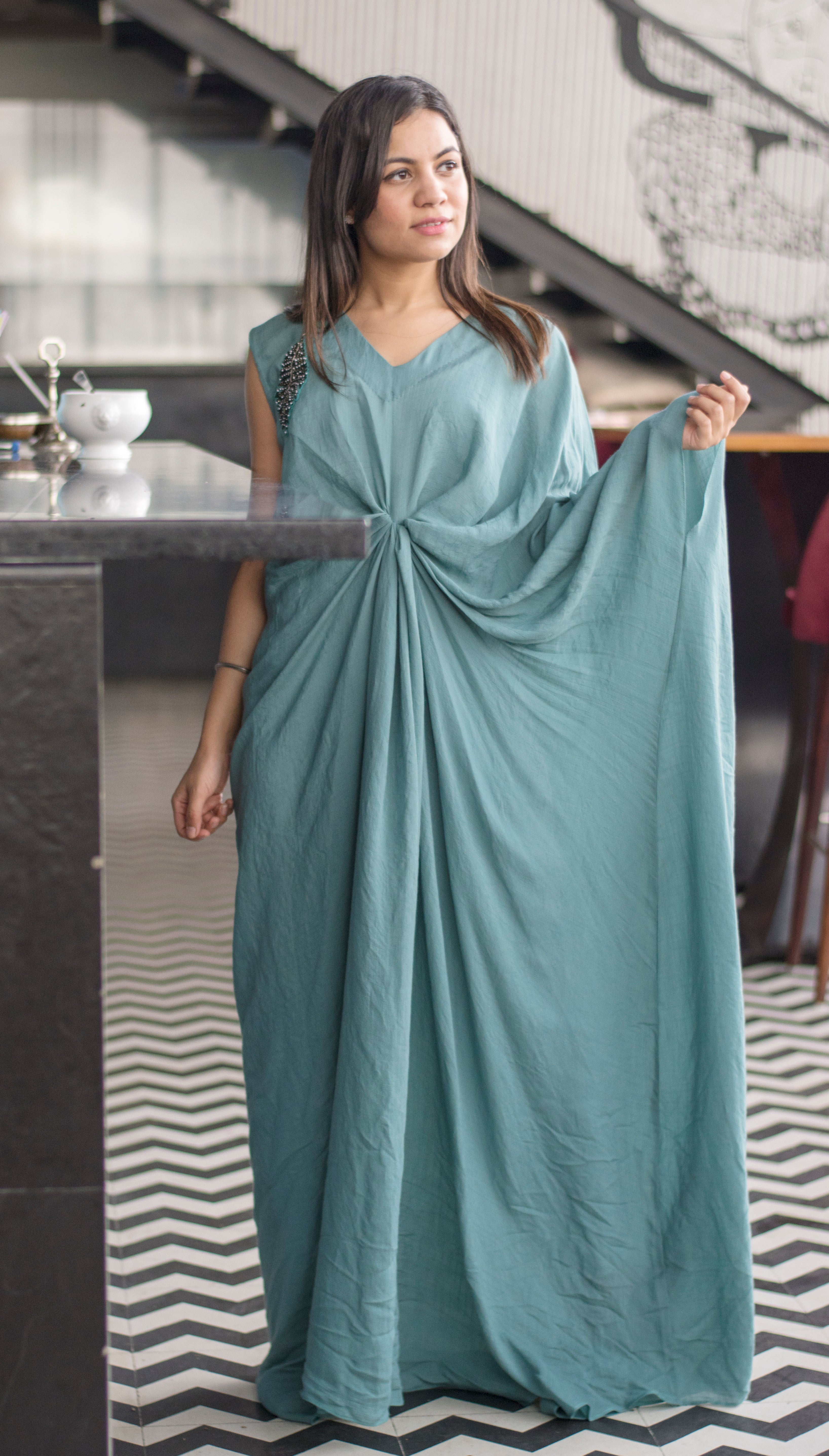 Front Knot Drape Gown in Linen