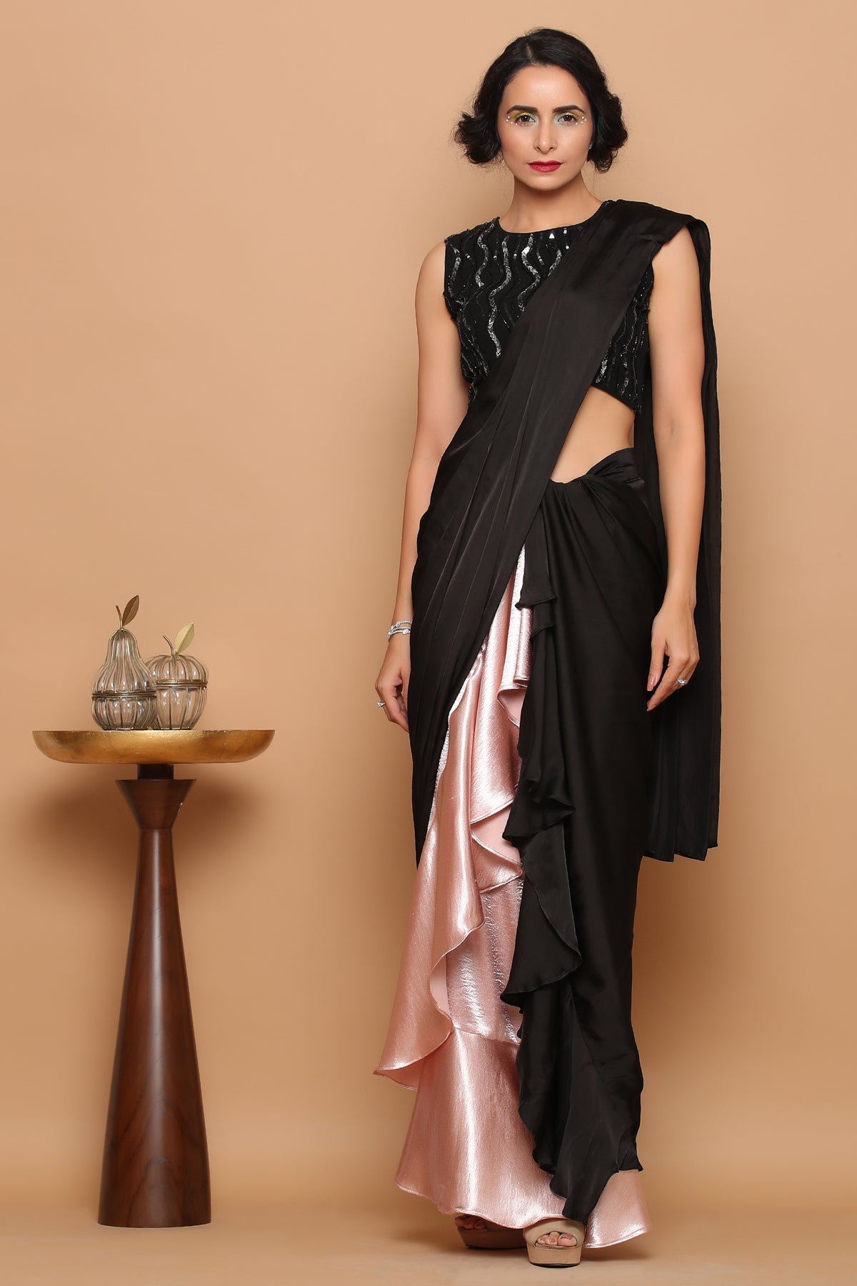 Metallic Rose gold Ruffle saree