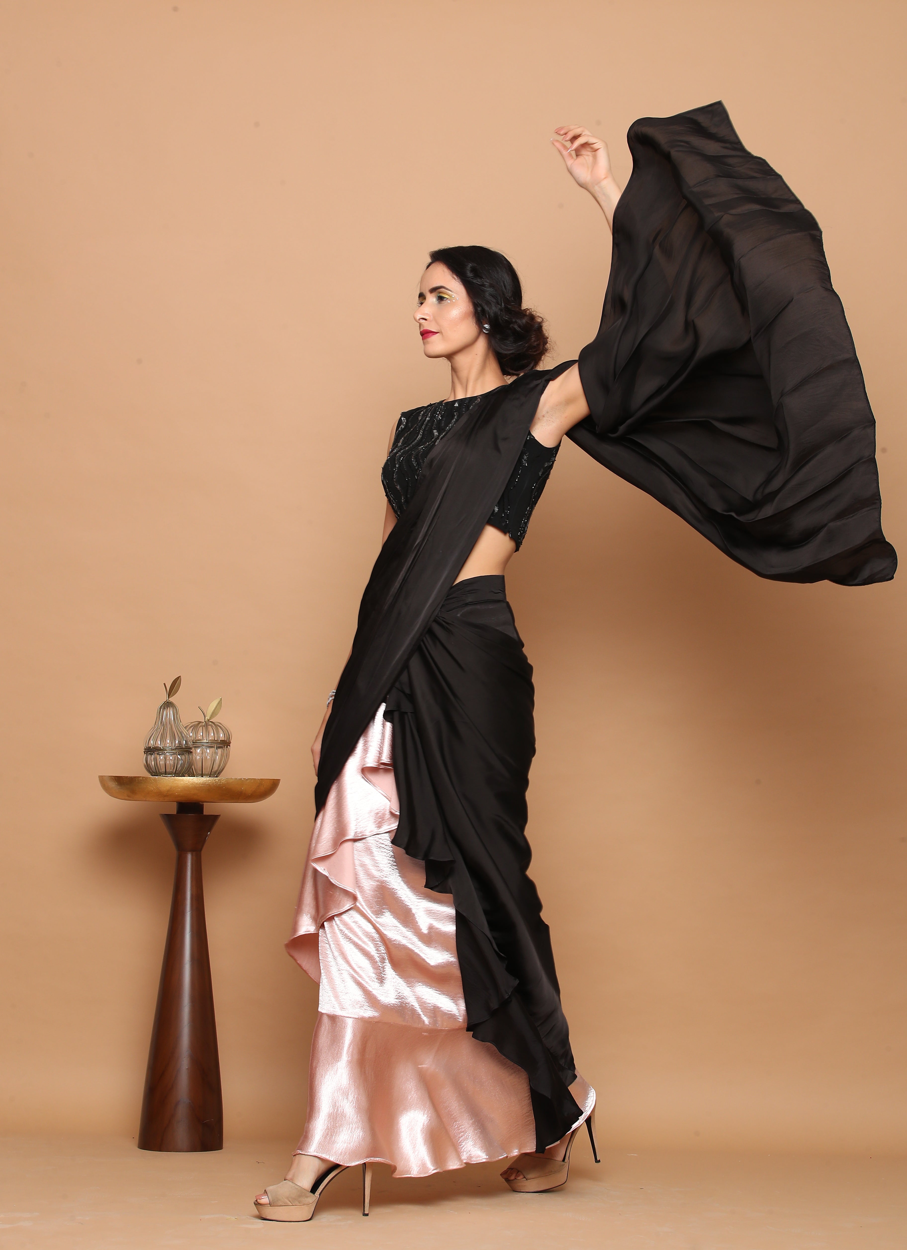 Metallic Rose gold Ruffle saree